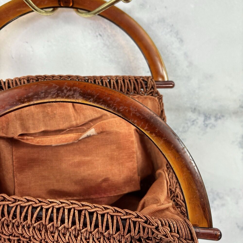 Vintage 60s Macrame Handbag Purse Lucite Handles Made In Italy Retro Hippy chic - Picture 16 of 16